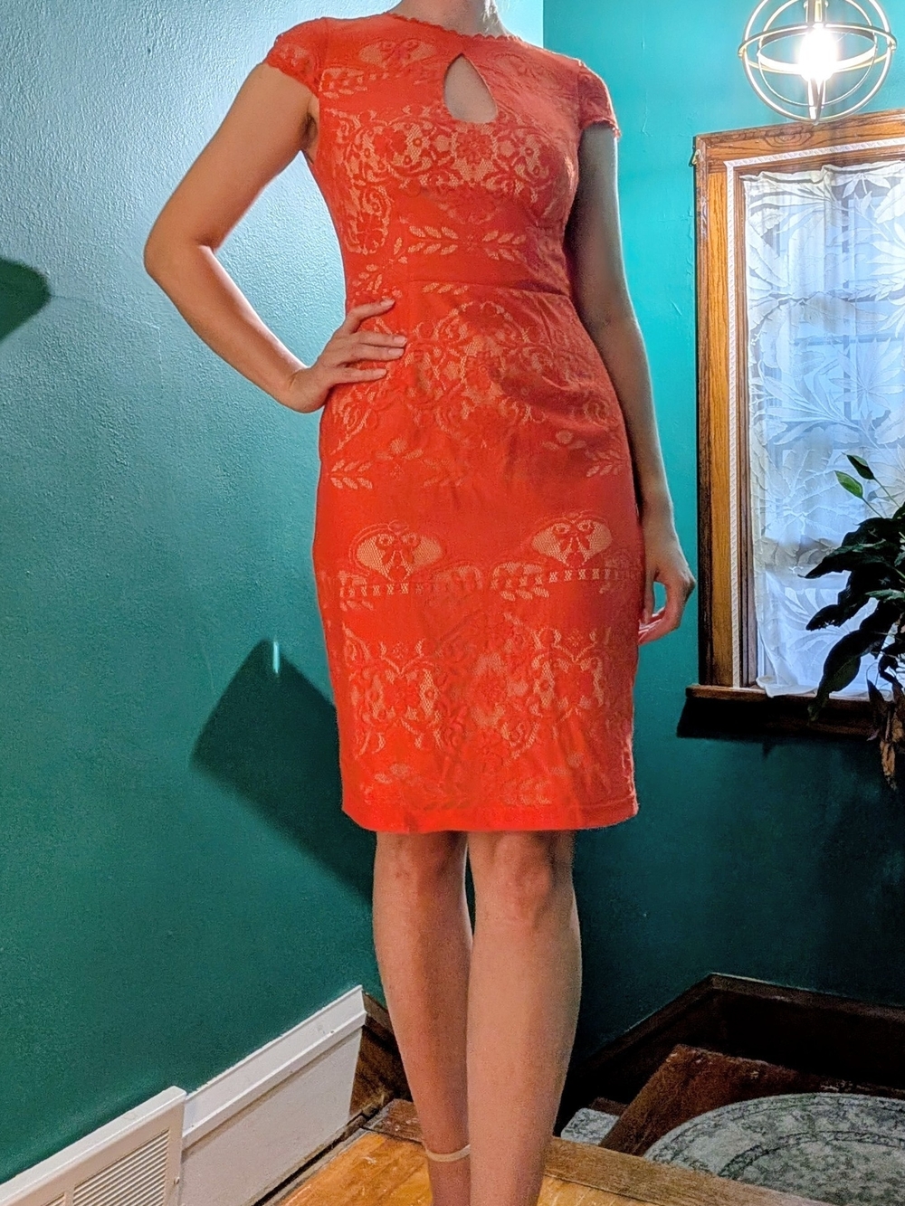 Women's Orange Lace Sheath Dress - Keyhole Front